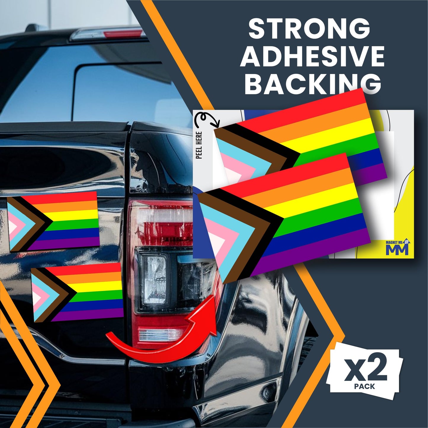 Magnet Me Up Progress Pride Flag Adhesive Decal Sticker, 3x5 Inches, 2 Packs, Inclusive LGBTQ+ Flag with Trans & POC Colors, Waterproof, for Vehicles, Laptops, & More - Made in USA