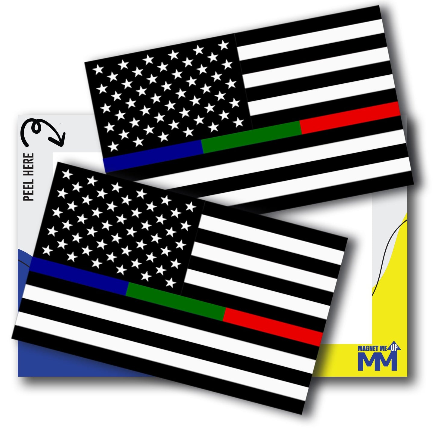 Magnet Me Up Thin Line American Flag Adhesive Decal Sticker, 3x5, 2 Packs, Black, White & Red Blue Green USA Flag for Fire, Police, Military Support, Waterproof, for Vehicles, & More - Made in USA