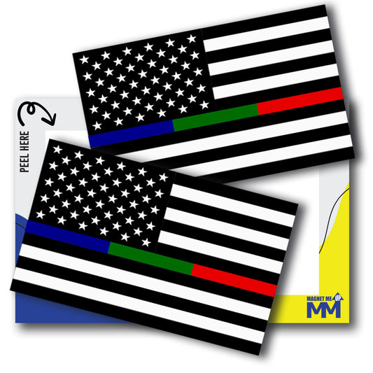 Magnet Me Up Thin Line American Flag Adhesive Decal Sticker, 3x5, 2 Packs, Black, White & Red Blue Green USA Flag for Fire, Police, Military Support, Waterproof, for Vehicles, & More - Made in USA