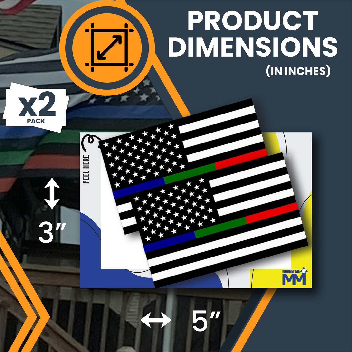 Magnet Me Up Thin Line American Flag Adhesive Decal Sticker, 3x5, 2 Packs, Black, White & Red Blue Green USA Flag for Fire, Police, Military Support, Waterproof, for Vehicles, & More - Made in USA