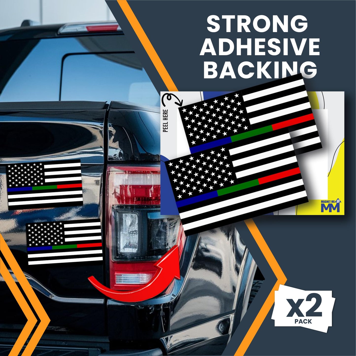 Magnet Me Up Thin Line American Flag Adhesive Decal Sticker, 3x5, 2 Packs, Black, White & Red Blue Green USA Flag for Fire, Police, Military Support, Waterproof, for Vehicles, & More - Made in USA