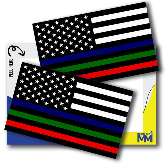 Magnet Me Up Tri-Color Thin Line American Flag Adhesive Decal Sticker, 3x5, 2 Packs, Black, White & Red Blue Green USA Flag for Fire, Police, Military Support, Waterproof, for Vehicles - Made in USA