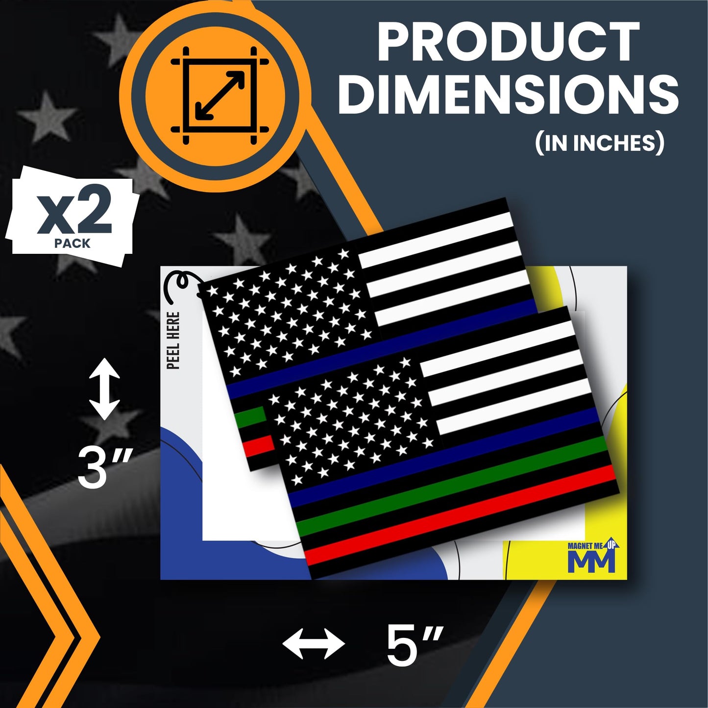 Magnet Me Up Tri-Color Thin Line American Flag Adhesive Decal Sticker, 3x5, 2 Packs, Black, White & Red Blue Green USA Flag for Fire, Police, Military Support, Waterproof, for Vehicles - Made in USA