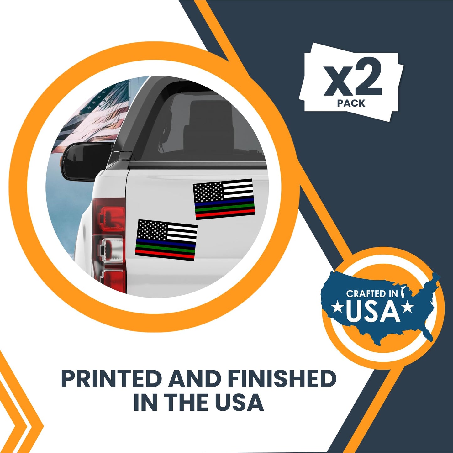 Magnet Me Up Tri-Color Thin Line American Flag Adhesive Decal Sticker, 3x5, 2 Packs, Black, White & Red Blue Green USA Flag for Fire, Police, Military Support, Waterproof, for Vehicles - Made in USA