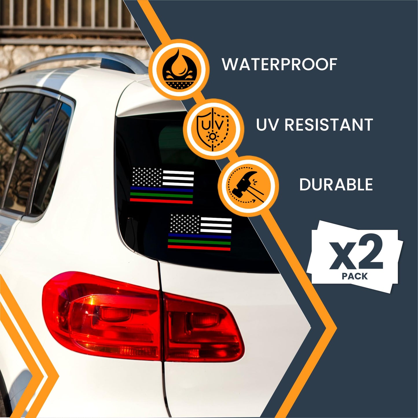 Magnet Me Up Tri-Color Thin Line American Flag Adhesive Decal Sticker, 3x5, 2 Packs, Black, White & Red Blue Green USA Flag for Fire, Police, Military Support, Waterproof, for Vehicles - Made in USA