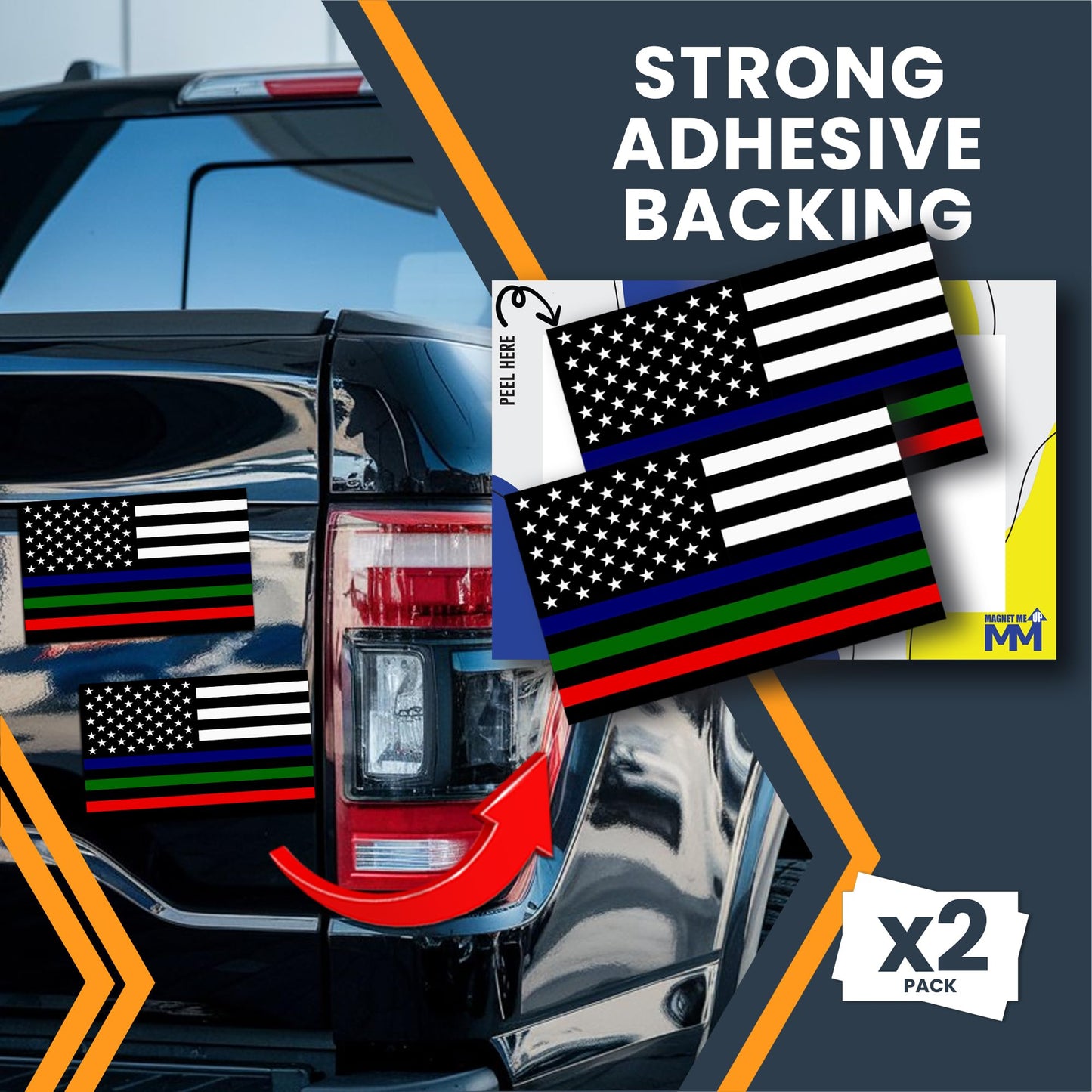 Magnet Me Up Tri-Color Thin Line American Flag Adhesive Decal Sticker, 3x5, 2 Packs, Black, White & Red Blue Green USA Flag for Fire, Police, Military Support, Waterproof, for Vehicles - Made in USA