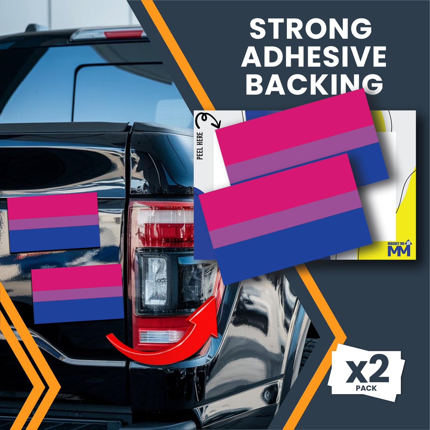 Magnet Me Up Bisexual Pride Flag Bumper Sticker - 3x5 Inch Adhesive Decal, 2 Pack, Pink Purple Blue LGBTQ, Waterproof Vinyl for Car, Truck, SUV, Laptop, Durable, LGBTQIA Support Decal, Made in USA