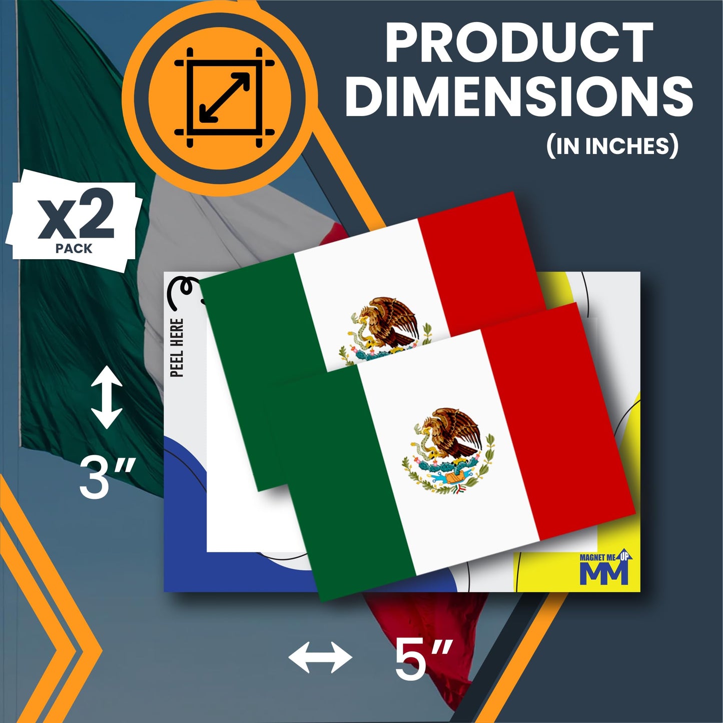 Magnet Me Up Mexico Flag Decal Sticker - 2 Pack 3x5 Inch Vinyl Adhesive Decals for Cars, Trucks, Laptops, Toolboxes-UV Printed Weatherproof Mexican Flag Stickers, Made in USA