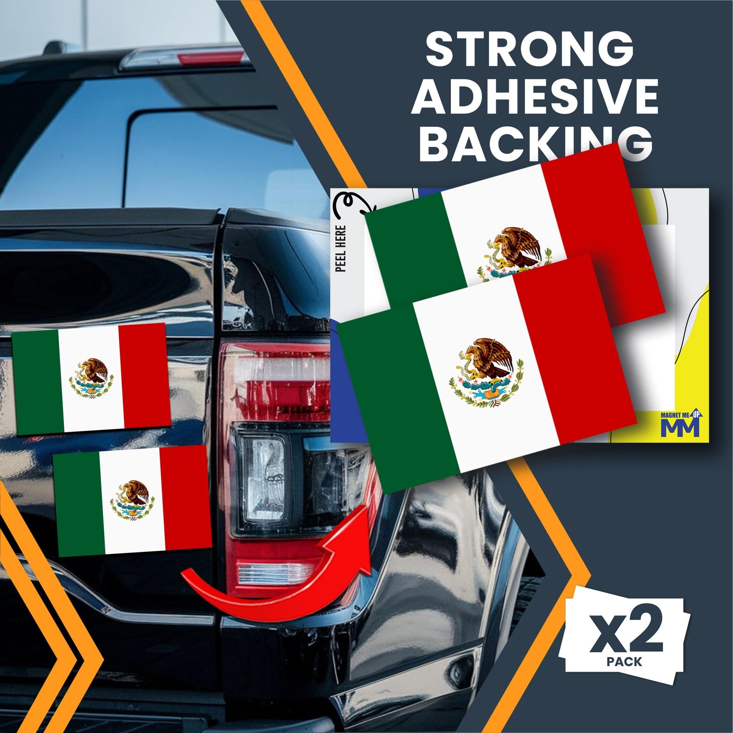 Magnet Me Up Mexico Flag Decal Sticker - 2 Pack 3x5 Inch Vinyl Adhesive Decals for Cars, Trucks, Laptops, Toolboxes-UV Printed Weatherproof Mexican Flag Stickers, Made in USA