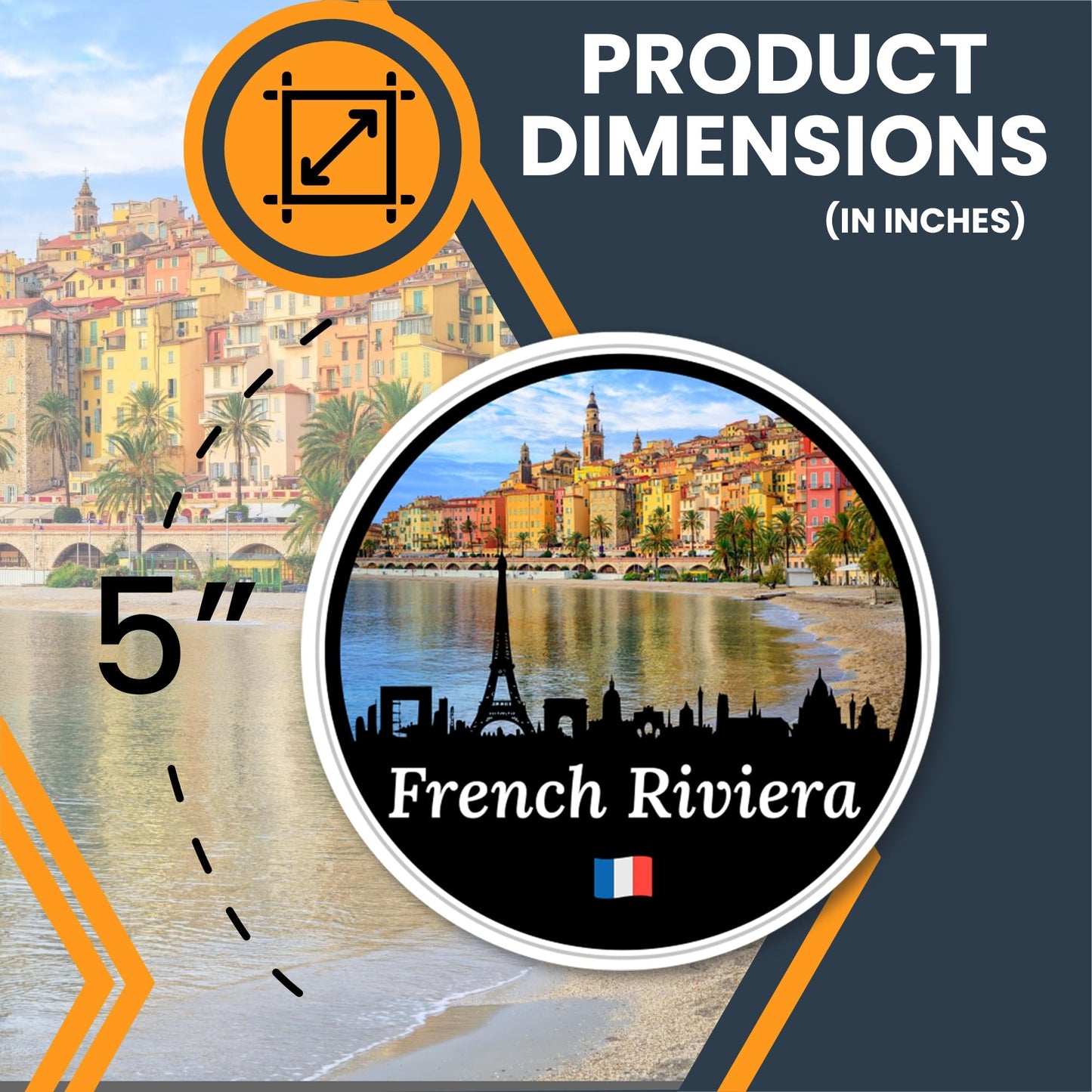Magnet Me Up French Riviera Magnet - 5" Round France Souvenir Fridge Magnet, Coastal France Design - Full-Color UV Printed French Riviera Decal - Durable Vinyl, Travel Gift, Made in USA