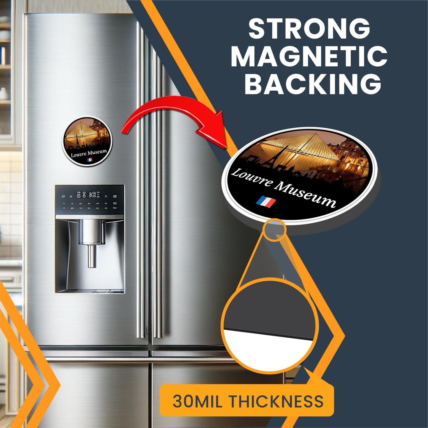 Magnet Me Up Louvre Museum Magnet - 5" Round Paris France Travel Souvenir Magnetic Decal with Glass Pyramid Design - UV Printed Full-Color Louvre Museum Decal - Durable Vinyl, Made in USA