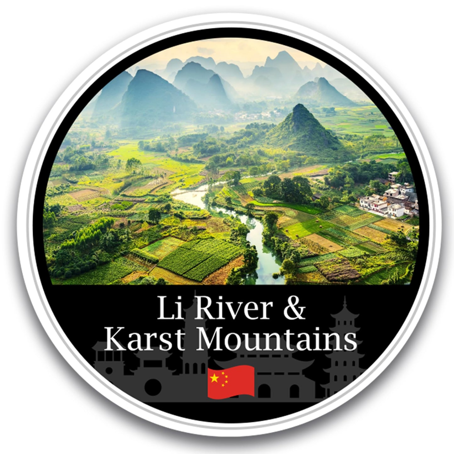 Magnet Me Up Li River & Karst Mountains Magnet Decal - 5" Round, Full-Color Chinese Souvenir, Automotive Magnet for Car, Truck, Or Any Magnetic Surface, Made in The USA
