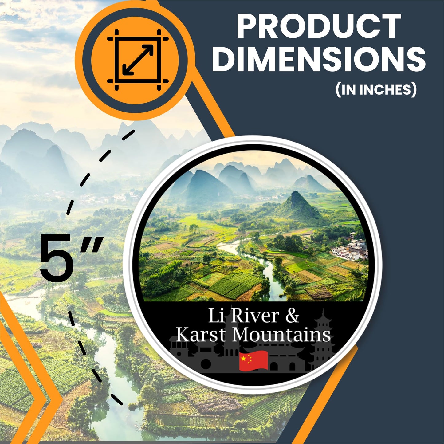 Magnet Me Up Li River & Karst Mountains Magnet Decal - 5" Round, Full-Color Chinese Souvenir, Automotive Magnet for Car, Truck, Or Any Magnetic Surface, Made in The USA