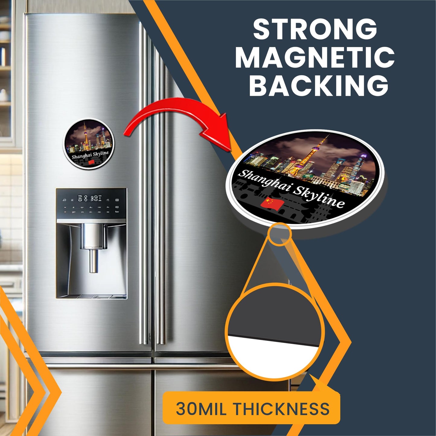 Magnet Me Up Shanghai Skyline Magnet Decal - 5" Round, Modern Chinese Cityscape Souvenir, Night View of Pudong, Automotive Magnet for Car, Truck, Or Any Magnetic Surface, Made in The USA