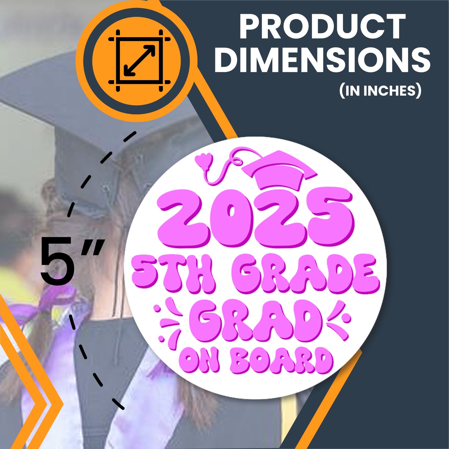 Magnet Me Up 5th Grade Graduation Magnet - 5" Round Class of 2025 Grad On Board Sign Gift, Car Magnet in White and Pink - Full-Color UV Printed, Weatherproof, Made in The USA - Graduation Car Decor