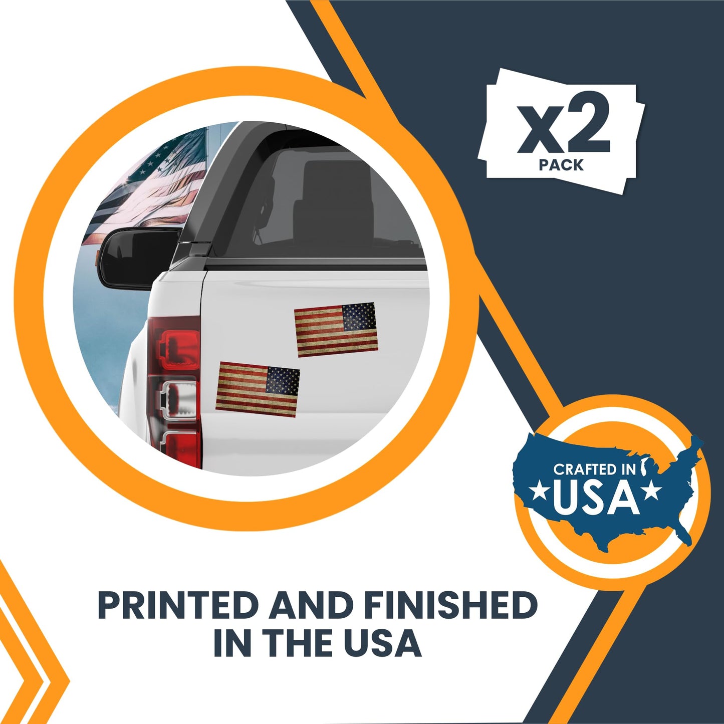 Reverse Weathered American Flag Stickers, 3x5 Inch, 2 Pack, American Flag Decals for Trucks, Adhesive Decal Sticker, Show Patriotism with Style, Heavy Duty Adhesion to Car Window, Bumper, Made in USA