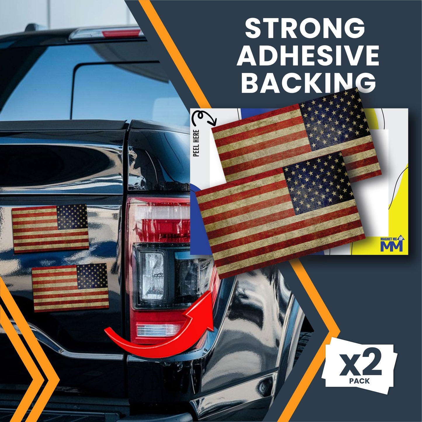 Reverse Weathered American Flag Stickers, 3x5 Inch, 2 Pack, American Flag Decals for Trucks, Adhesive Decal Sticker, Show Patriotism with Style, Heavy Duty Adhesion to Car Window, Bumper, Made in USA