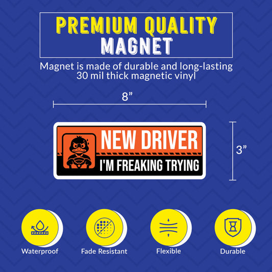 Magnet Me Up New Driver "I'm Freaking Trying" Magnet Decal - 3x8" Caution Sign, Learner Car Sign, UV Printed Full Color, Durable Waterproof Vinyl, New Driver Gift, Made in USA