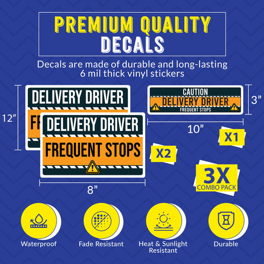 Caution Delivery Driver Frequent Stops Bumper Sticker, 3 Pack, Adhesive Sticker for Vehicles, Two 12x8 inch and One 3x10 inch, Decal for Delivery Cars, Trucks, Van, Full-Color Print, Made in USA