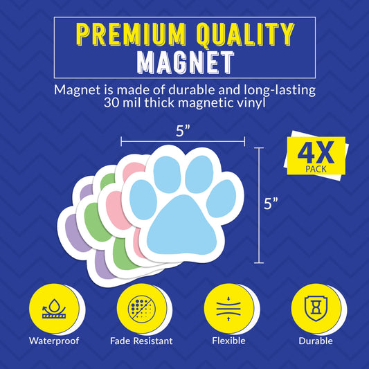 Magnet Me Up Paw Car Magnets - 5" 4-Pack Pastel Colors (Blue, Purple, Pink, Green) - Heavy-Duty Weatherproof Vinyl Magnetic Decals for Cars, Fridge, Locker, Gift for Dog & Animal Lovers, Made in USA