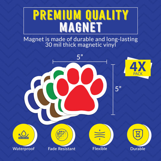 Magnet Me Up Paw Car Magnets - 5" 4 Pack Bold Colors in Solid Design (Red, Green, Brown, Blue) - Weatherproof Vinyl Magnetic Decals for Cars, Fridge, Locker, Gift for Dog & Animal Lovers, Made in USA