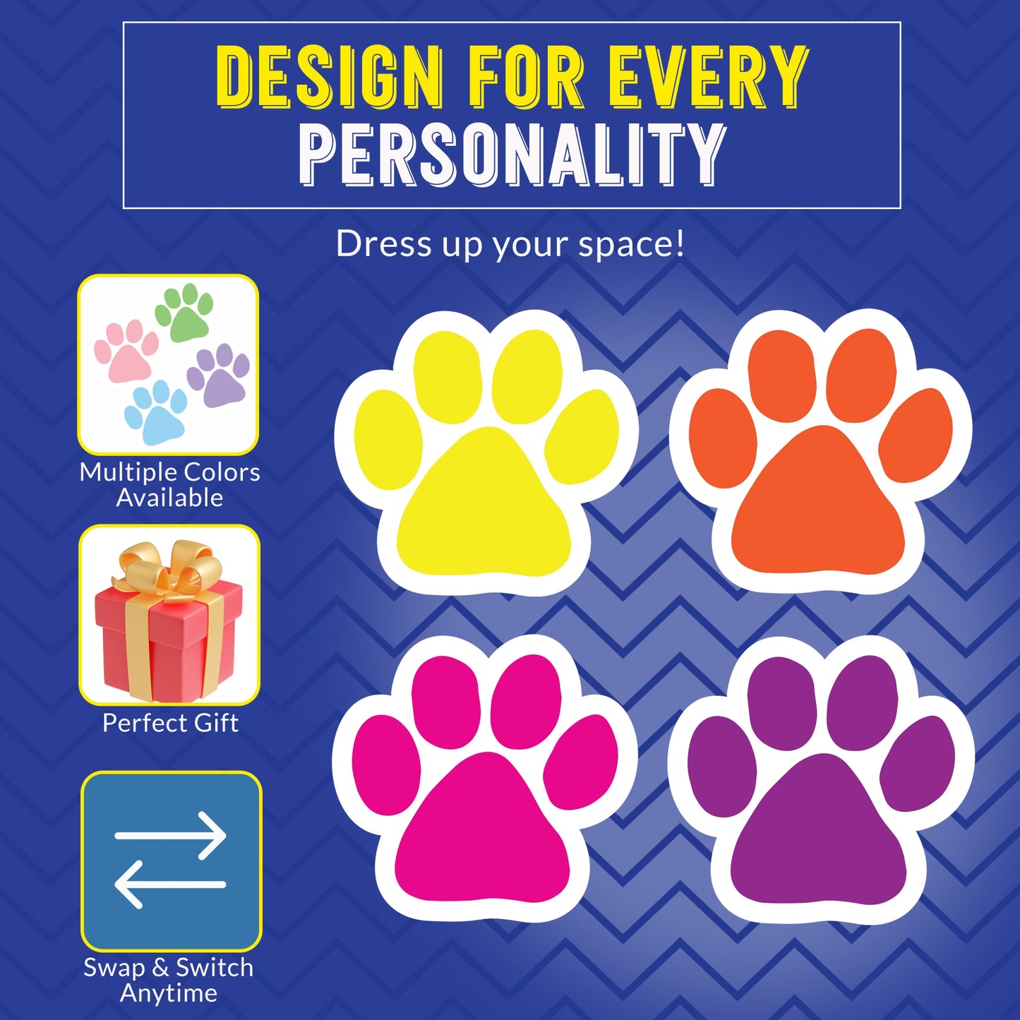Magnet Me Up Paw Car Magnets- 5" 4 Pack Bright & Bold Paw Prints (Orange, Pink, Purple, Yellow) - Weatherproof Vinyl Magnetic Decals for Cars, Fridge, Locker, Gift for Dog & Animal Lovers, Made in USA