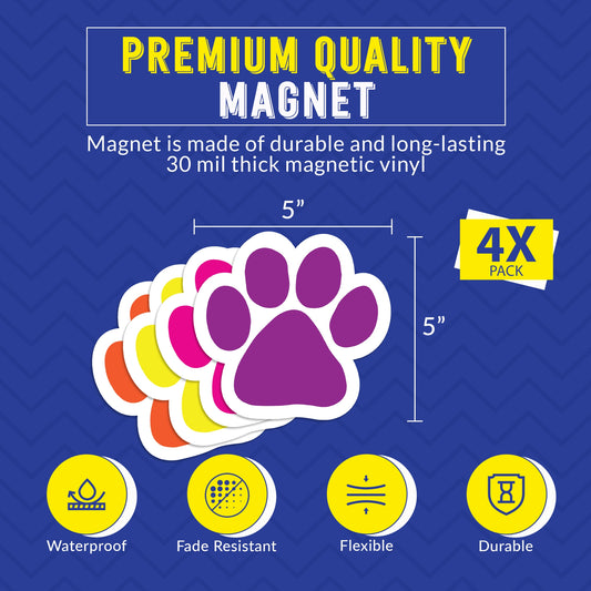 Magnet Me Up Paw Car Magnets- 5" 4 Pack Bright & Bold Paw Prints (Orange, Pink, Purple, Yellow) - Weatherproof Vinyl Magnetic Decals for Cars, Fridge, Locker, Gift for Dog & Animal Lovers, Made in USA