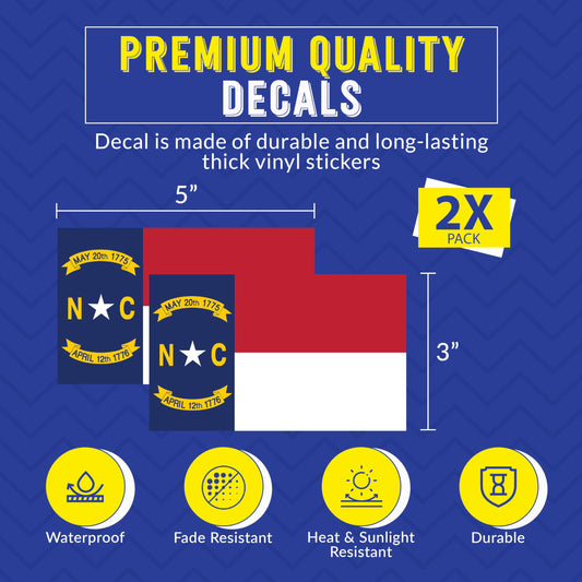 North Carolina Sticker Decal, US State Vinyl Bumper Sticker for Car, Laptop, Water Bottle, 2 Pack, Durable Weatherproof Adhesive, Full Color UV Print, Made in USA, Outdoor Safe Decal