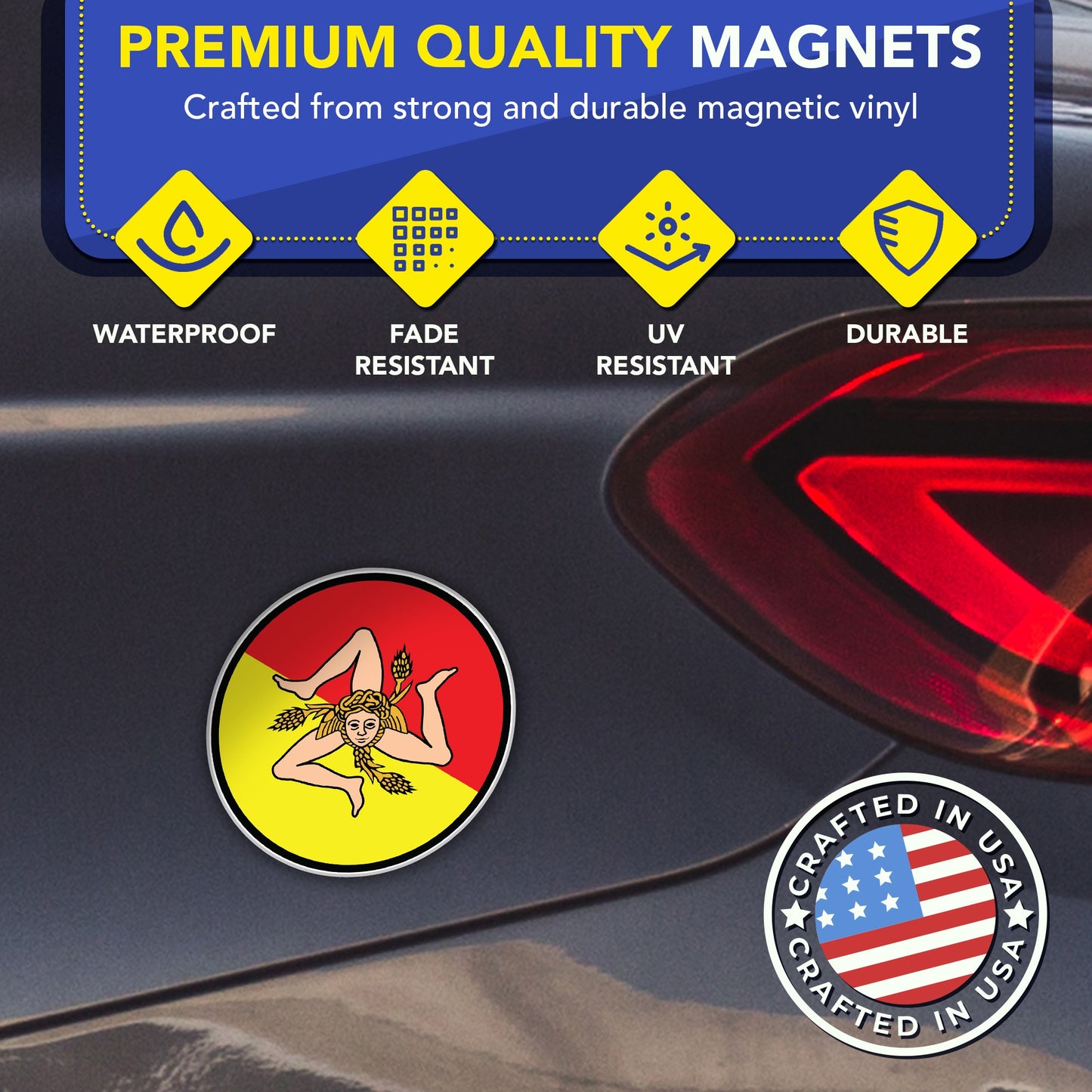 Magnet Me Up Sicily Magnet Decal - Italian Car Magnet Souvenir Gift, 5" Round Trinacria Symbol with Red and Yellow Sicily Italy Flag Design, Durable UV Printed Vinyl, Weatherproof, Made in USA