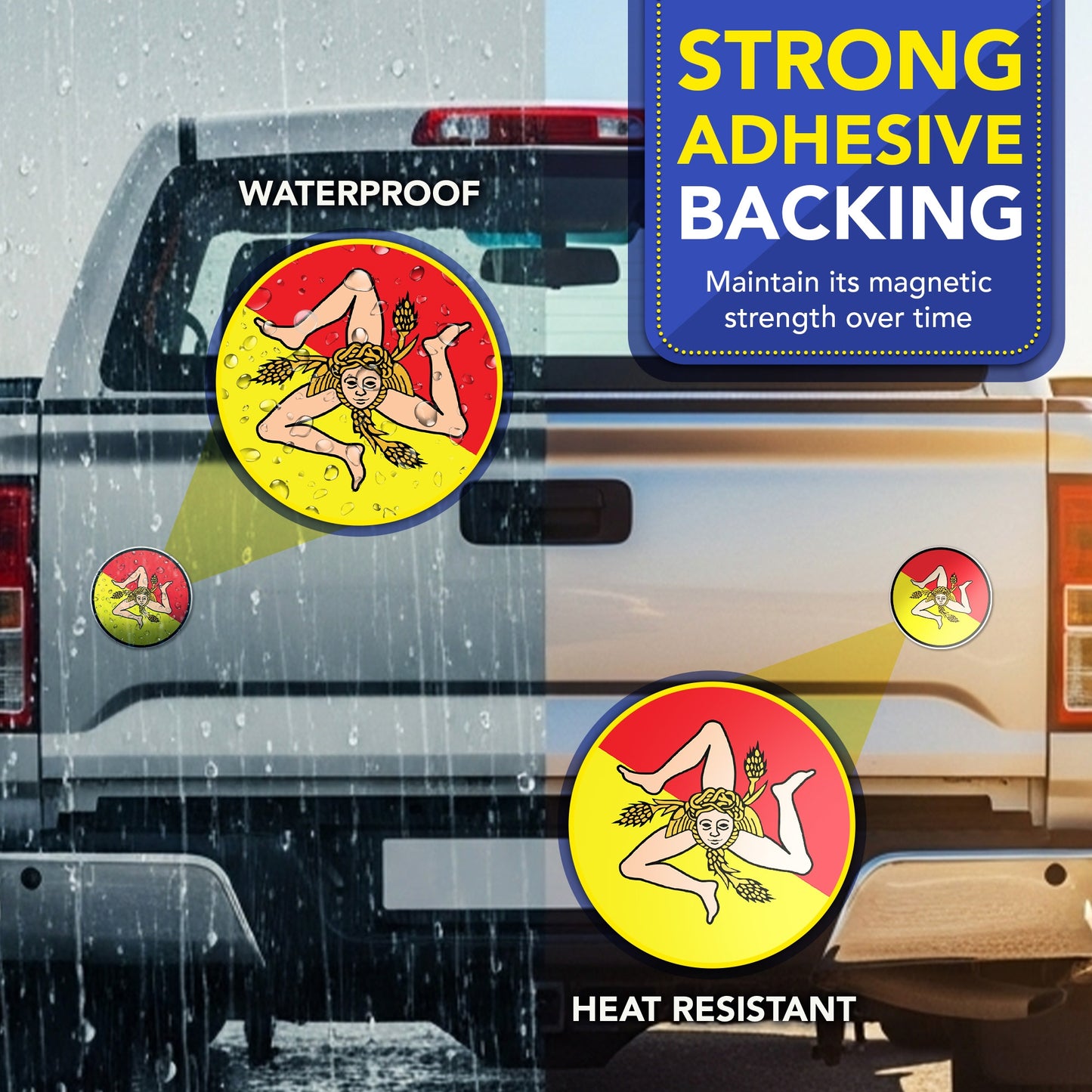 Magnet Me Up Sicily Magnet Decal - Italian Car Magnet Souvenir Gift, 5" Round Trinacria Symbol with Red and Yellow Sicily Italy Flag Design, Durable UV Printed Vinyl, Weatherproof, Made in USA