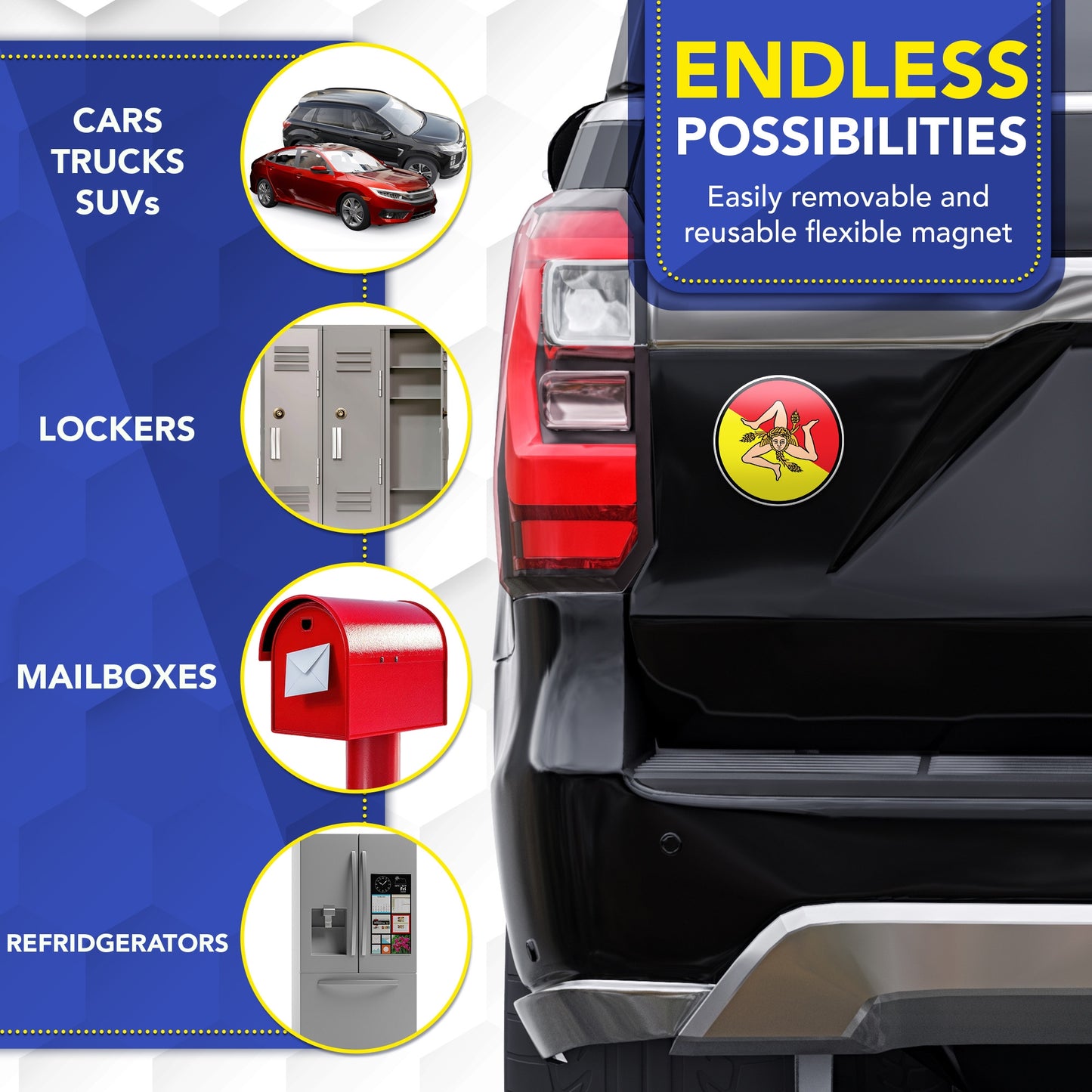 Magnet Me Up Sicily Magnet Decal - Italian Car Magnet Souvenir Gift, 5" Round Trinacria Symbol with Red and Yellow Sicily Italy Flag Design, Durable UV Printed Vinyl, Weatherproof, Made in USA