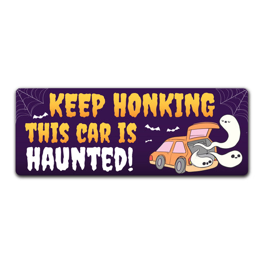 Magnet Me Up Keep Honking This Car is Haunted, Halloween Decorations, Party Favors Magnetic Decal, 3x8 Inches, Funny Spooky Car Magnet Gifts, Full-Color UV Printed Vinyl, Durable, Made in The USA