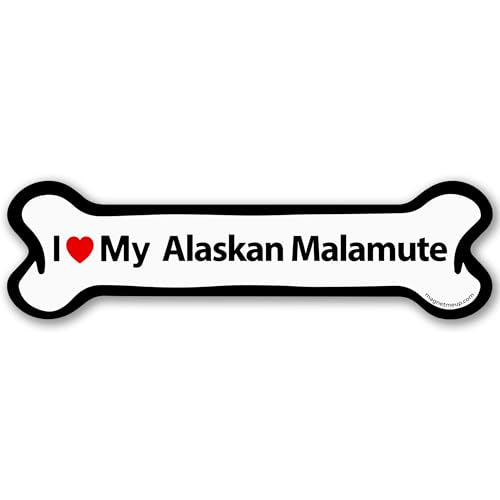 Magnet Me Up I Love My Alaskan Malamute Car Magnet, Bone Shaped, 2x7 Inches, Black and White with Red Heart, UV Printed Dog Breed Magnetic Decal, Fridge, Lockers, Dog Lover Gift, Made in USA
