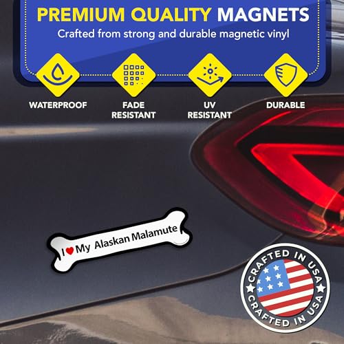 Magnet Me Up I Love My Alaskan Malamute Car Magnet, Bone Shaped, 2x7 Inches, Black and White with Red Heart, UV Printed Dog Breed Magnetic Decal, Fridge, Lockers, Dog Lover Gift, Made in USA