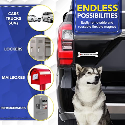 Magnet Me Up I Love My Alaskan Malamute Car Magnet, Bone Shaped, 2x7 Inches, Black and White with Red Heart, UV Printed Dog Breed Magnetic Decal, Fridge, Lockers, Dog Lover Gift, Made in USA