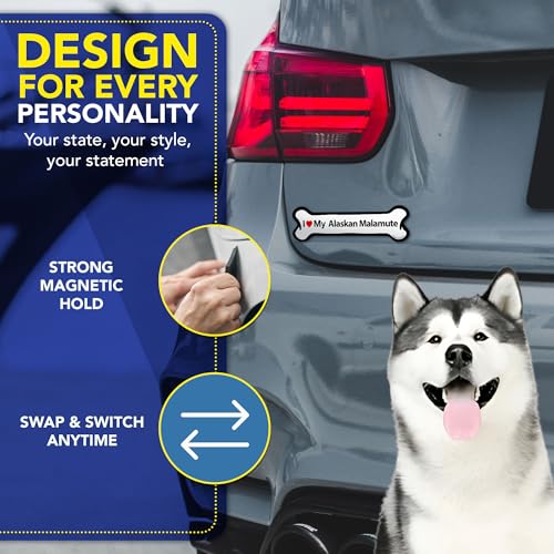 Magnet Me Up I Love My Alaskan Malamute Car Magnet, Bone Shaped, 2x7 Inches, Black and White with Red Heart, UV Printed Dog Breed Magnetic Decal, Fridge, Lockers, Dog Lover Gift, Made in USA