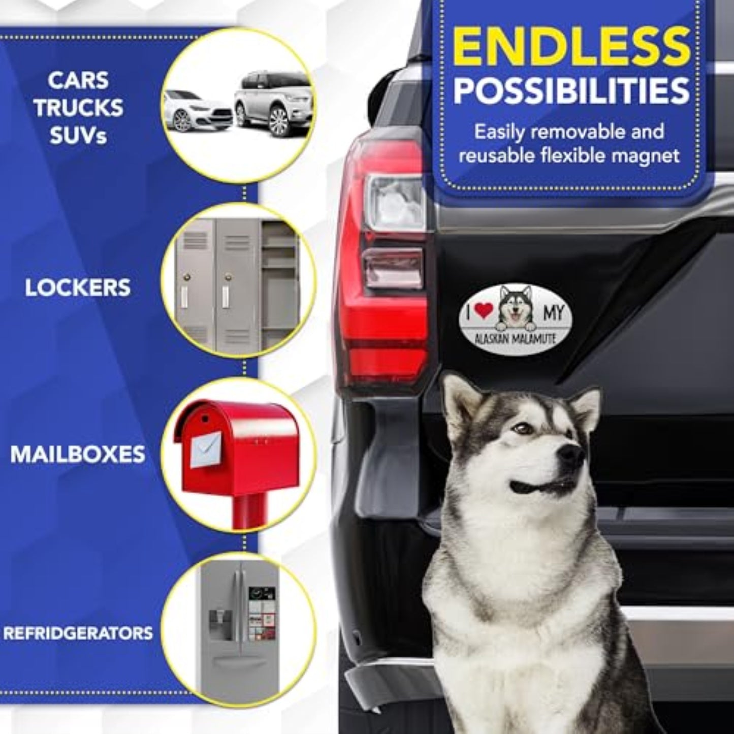 Magnet Me Up  I Love My Alaskan Malamute Car Magnet, 4x6 Oval, Black and White with Red Heart, UV Printed Dog Breed Magnetic Decal, Fridge, Lockers, Dog Lover Gift, Made in USA