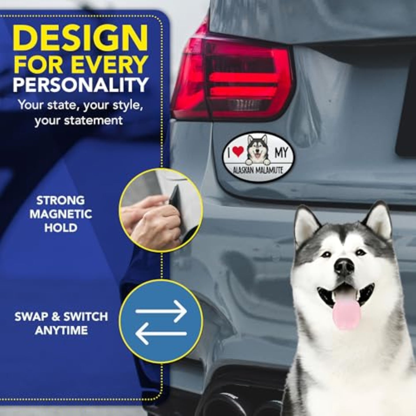 Magnet Me Up  I Love My Alaskan Malamute Car Magnet, 4x6 Oval, Black and White with Red Heart, UV Printed Dog Breed Magnetic Decal, Fridge, Lockers, Dog Lover Gift, Made in USA