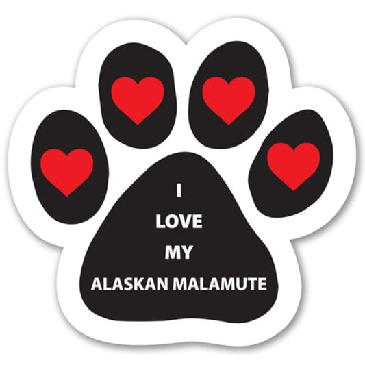 Magnet Me Up I Love My Alaskan Malamute Car Magnet, 5 Inch Pawprint, Black and White with Red Heart, UV Printed Dog Breed Magnetic Decal, Fridge, Lockers, Dog Lover Gift, Made in USA