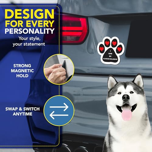 Magnet Me Up I Love My Alaskan Malamute Car Magnet, 5 Inch Pawprint, Black and White with Red Heart, UV Printed Dog Breed Magnetic Decal, Fridge, Lockers, Dog Lover Gift, Made in USA