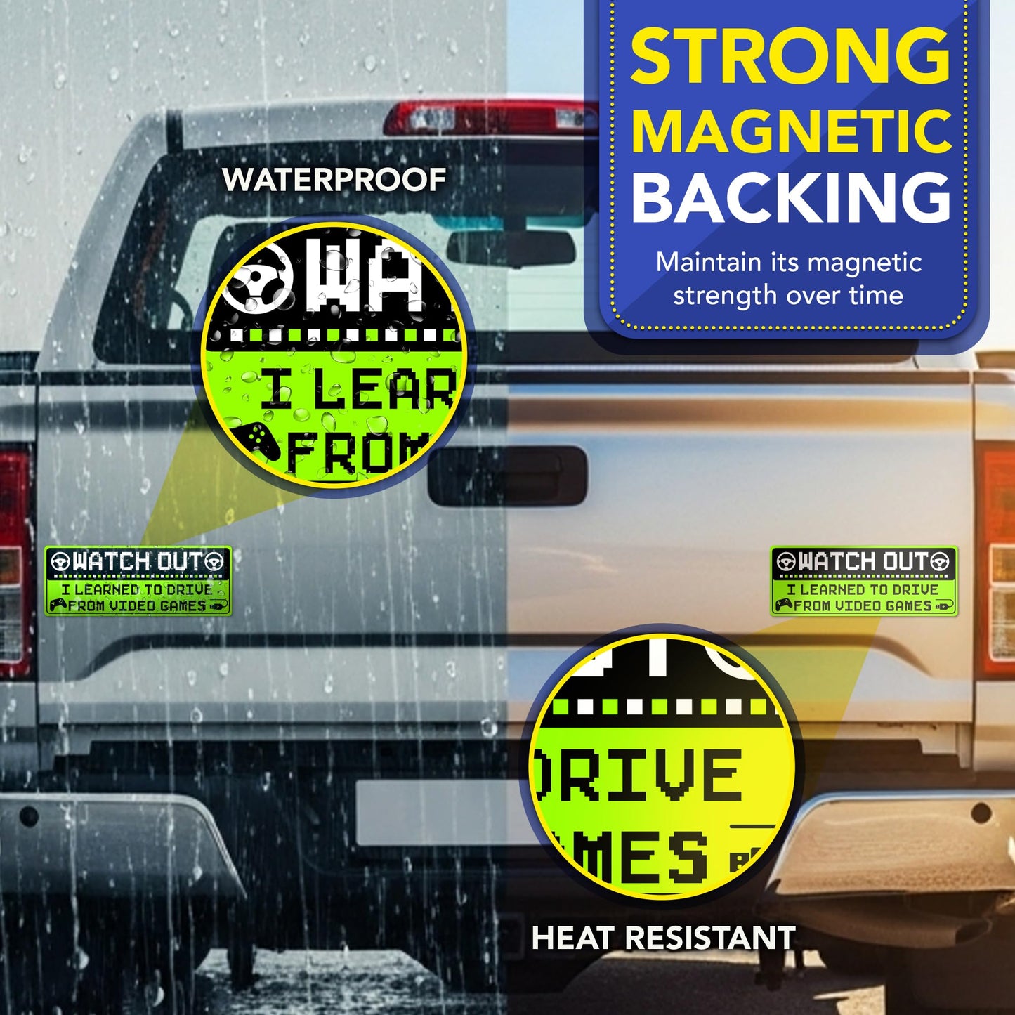 Magnet Me Up Funny Car Magnet - Watch Out I Learned to Drive from Video Games- 3x8 Inches, Bright Green Gamer Humor Magnetic Decal, for Cars, Trucks & SUVs, UV Printed Vinyl, Made in USA
