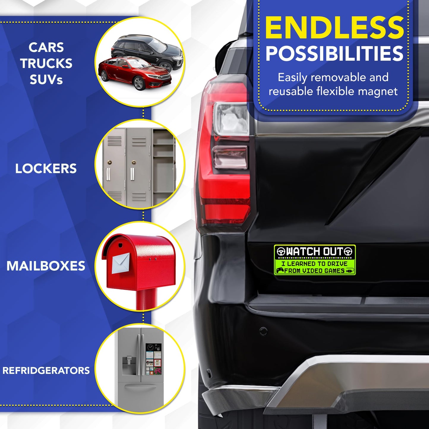 Magnet Me Up Funny Car Magnet - Watch Out I Learned to Drive from Video Games- 3x8 Inches, Bright Green Gamer Humor Magnetic Decal, for Cars, Trucks & SUVs, UV Printed Vinyl, Made in USA