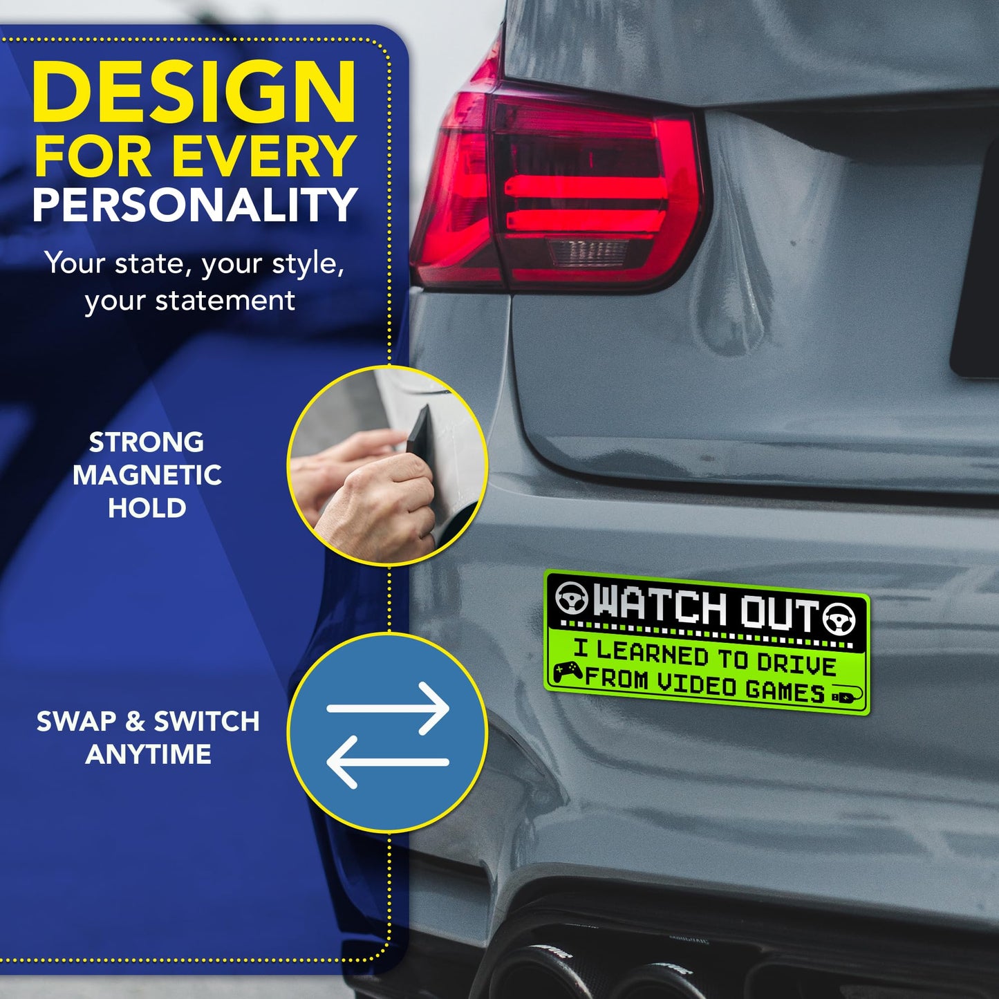 Magnet Me Up Funny Car Magnet - Watch Out I Learned to Drive from Video Games- 3x8 Inches, Bright Green Gamer Humor Magnetic Decal, for Cars, Trucks & SUVs, UV Printed Vinyl, Made in USA