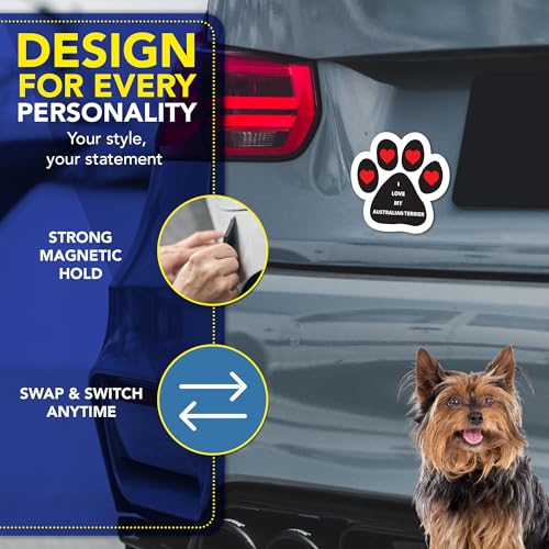 Magnet Me Up I Love My Australian Terrier Magnetic Decal - 5 Inch Pawprint Shaped Magnet for Cars, Trucks & SUV, Ideal Gift for Dog Lovers - UV Printed Vinyl, Weatherproof & Durable, Made in USA