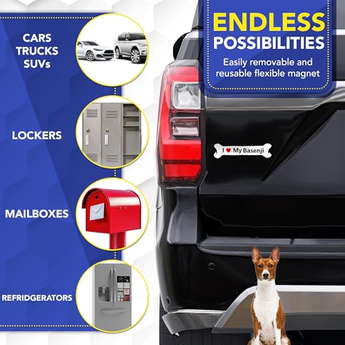 Magnet Me Up I Love My Basenji Bone-Shaped Magnetic Decal for Cars, Trucks & SUV - 2x7 Inches, UV Printed Dog Lover Gift, Weatherproof - Made in The USA