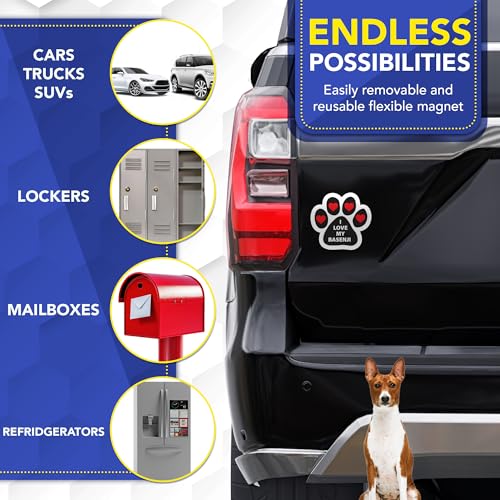 Magnet Me Up I Love My Basenji Pawprint Shaped Magnetic Decal for Cars, Trucks & SUV - 4x6 Inches, UV Printed Dog Lover Gift, Weatherproof - Made in The USA