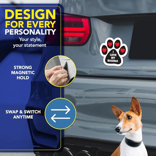 Magnet Me Up I Love My Basenji Pawprint Shaped Magnetic Decal for Cars, Trucks & SUV - 4x6 Inches, UV Printed Dog Lover Gift, Weatherproof - Made in The USA