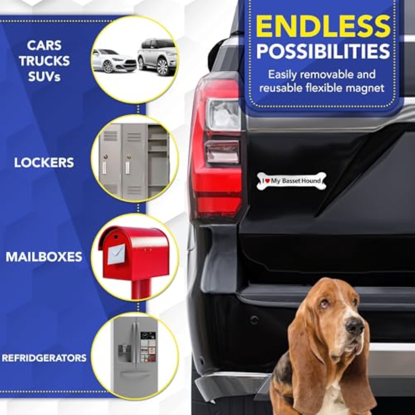 Magnet Me Up I Love My Basset Hound Bone-Shaped Magnetic Decal - 2x7 Inches UV-Printed, Durable Vinyl Pet Lover Gift, Basset Hound Car Magnet for Cars, Trucks & SUV, Dog Lover Decor