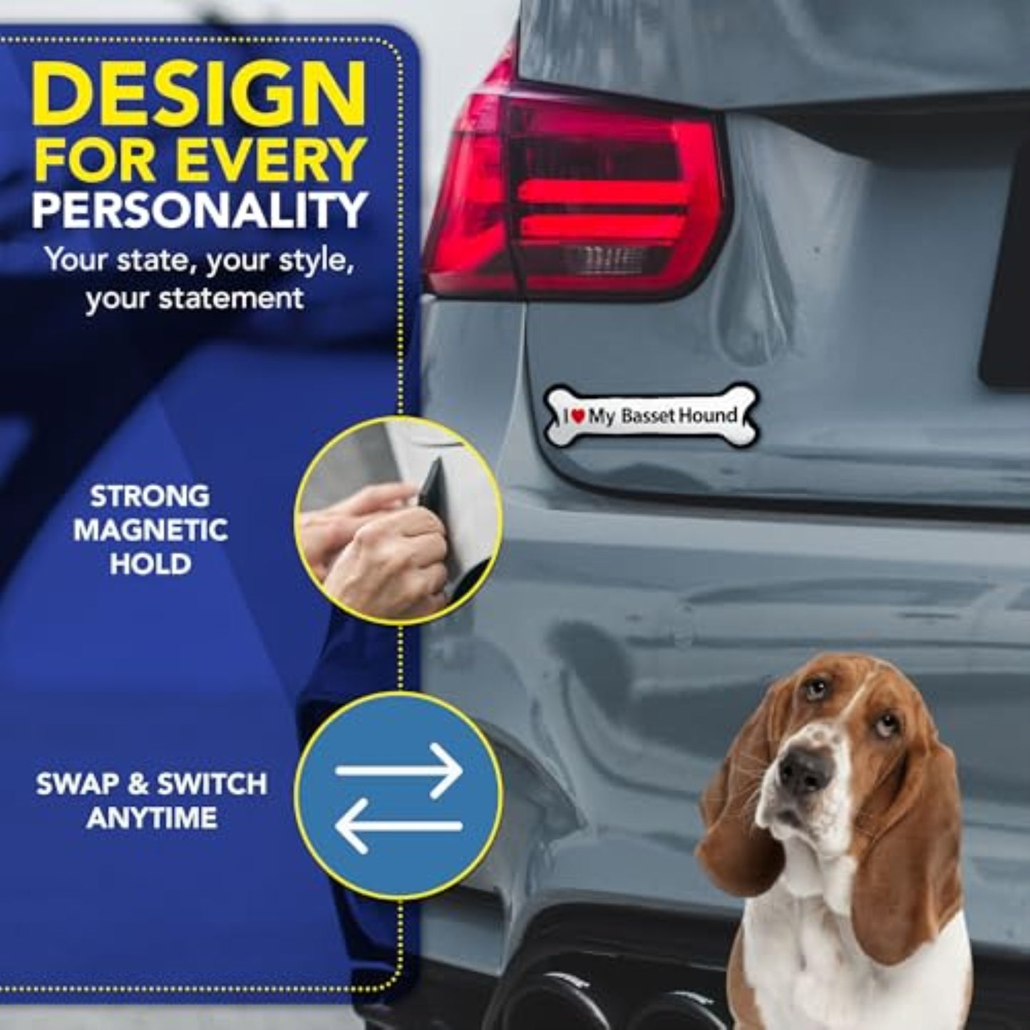 Magnet Me Up I Love My Basset Hound Bone-Shaped Magnetic Decal - 2x7 Inches UV-Printed, Durable Vinyl Pet Lover Gift, Basset Hound Car Magnet for Cars, Trucks & SUV, Dog Lover Decor