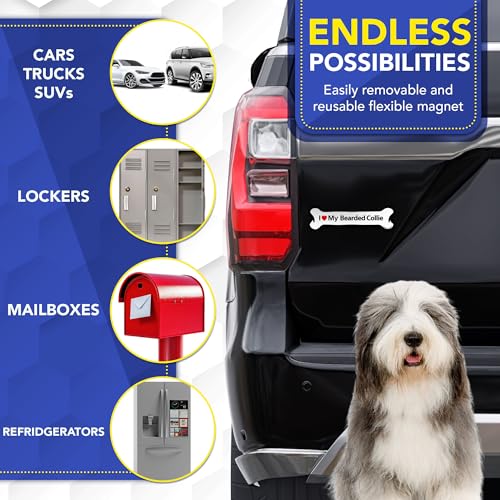 Magnet Me Up I Love My Bearded Collie Bone-Shaped Car Magnet - 2x7 Inches Full-Color Magnetic Decal for Cars Trucks & SUV - Durable UV Vinyl, Weatherproof, Dog Lover Gift Made in The USA